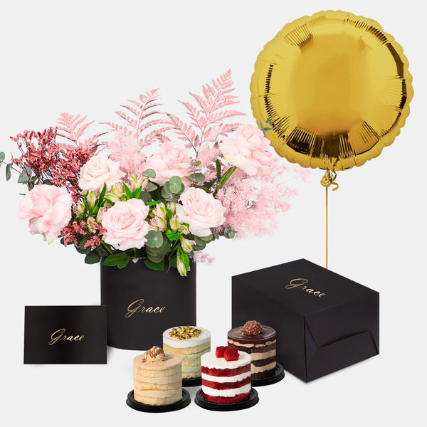 Flamingo in Box with Mini Cake and Balloons