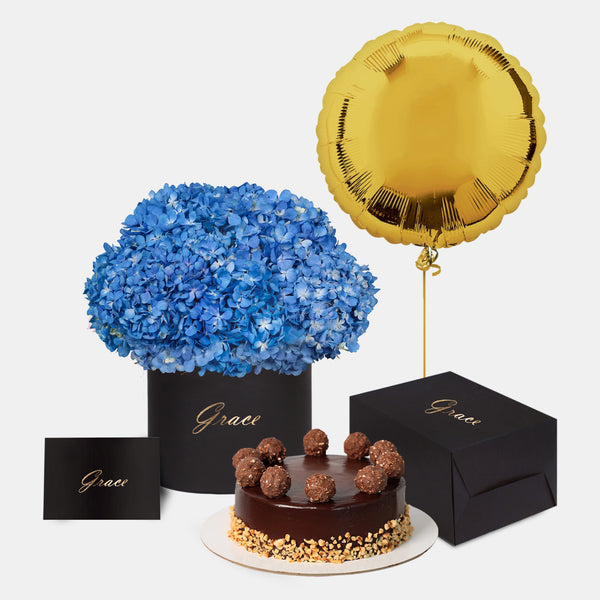 Blue Hydrangea in Box with Cake Bundle