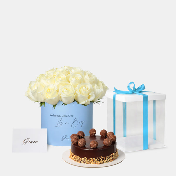 Baby Boy White Roses with Cake