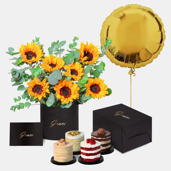 Sunflower in Box with Mini Cake and Balloons