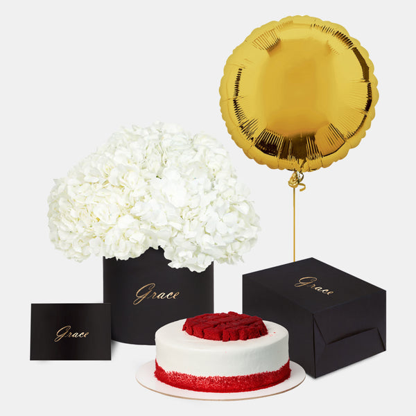 White Hydrangea in Box with Cake Bundle
