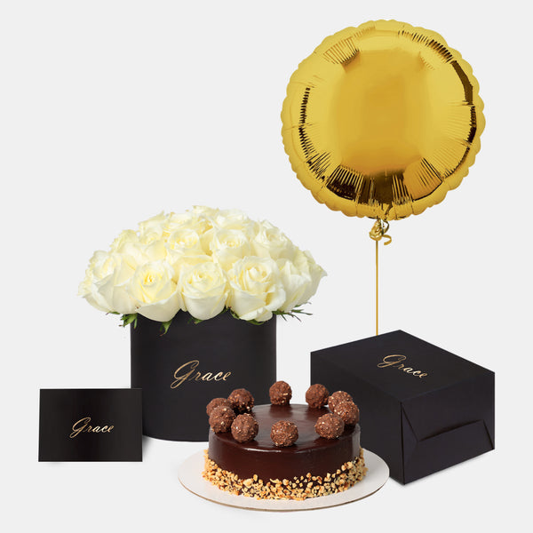 White Roses in Box with Cake Bundle