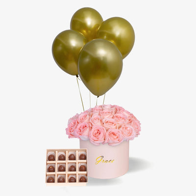 Roses in a box with Balloons & Chocolate Truffles (12Pcs)