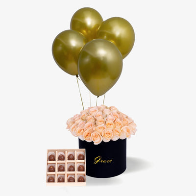 Roses in a box with Balloons & Chocolate Truffles (12Pcs)