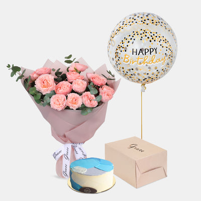 Flowers with Birthday Cake and Balloons