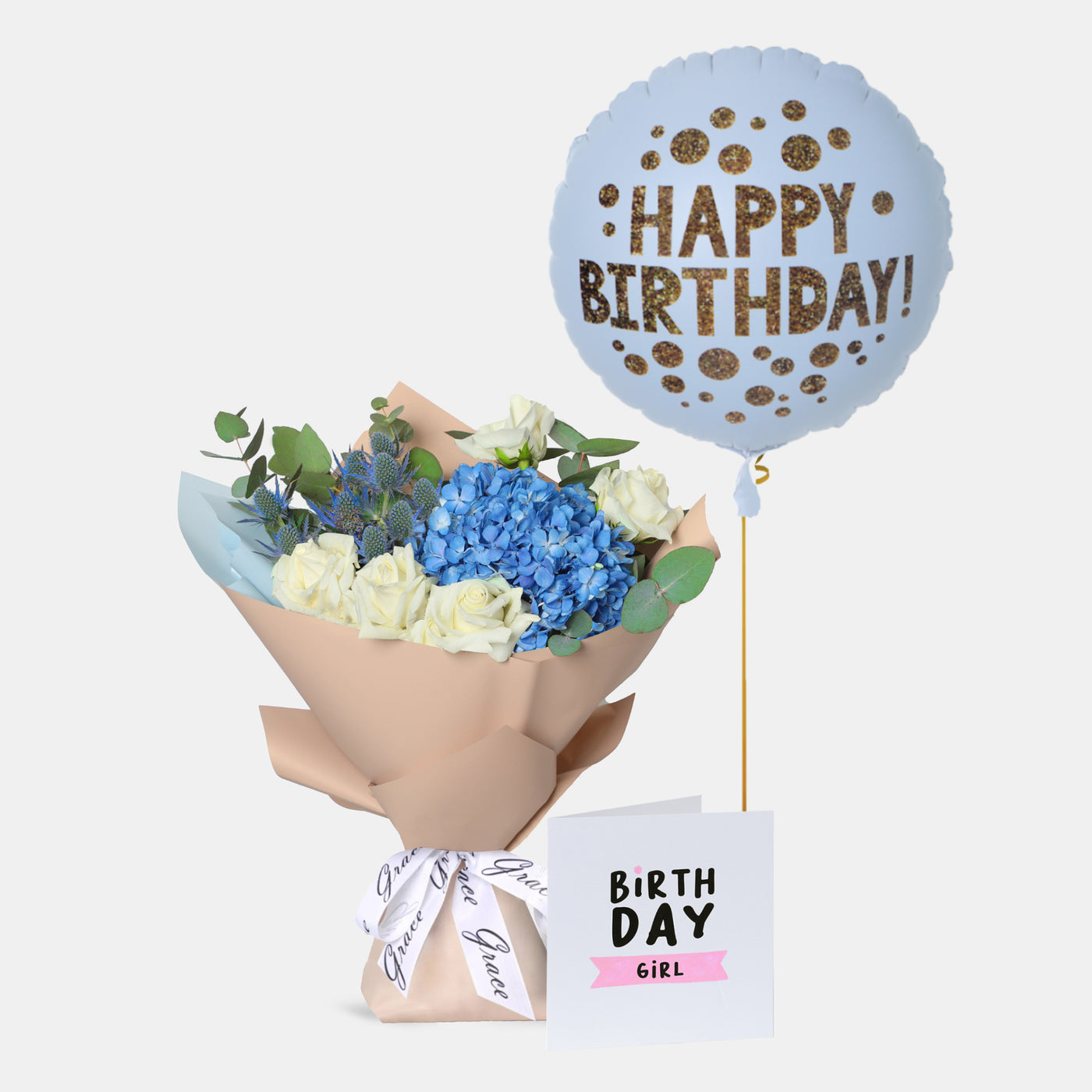 Flowers with Greetings Card and Birthday Balloons