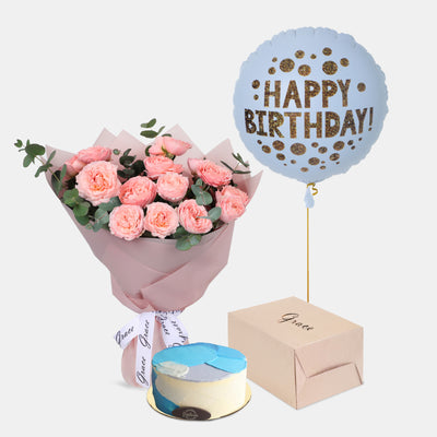 Flowers with Birthday Cake and Balloons