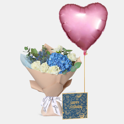 Flowers with Greetings Card and Birthday Balloons