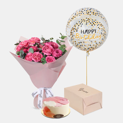 Flowers with Birthday Cake and Balloons