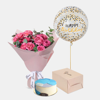 Flowers with Birthday Cake and Balloons