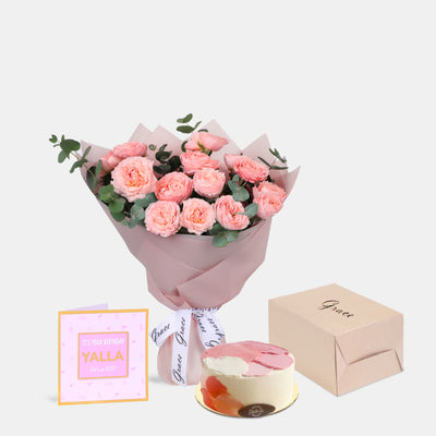 Flowers with Greetings Card and Birthday Cake