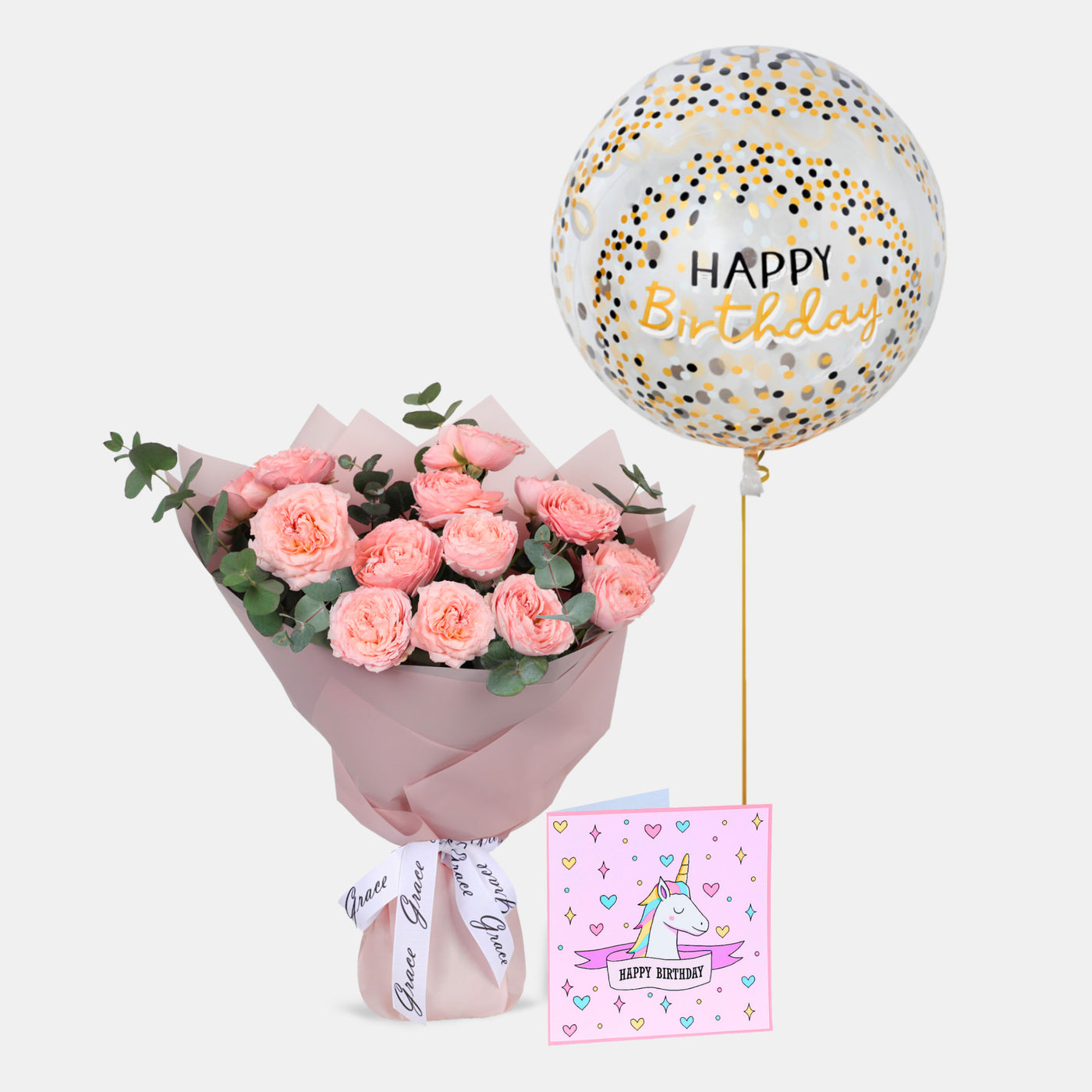 Flowers with Greetings Card and Birthday Balloons