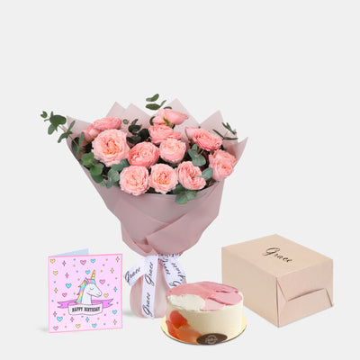 Flowers with Greetings Card and Birthday Cake