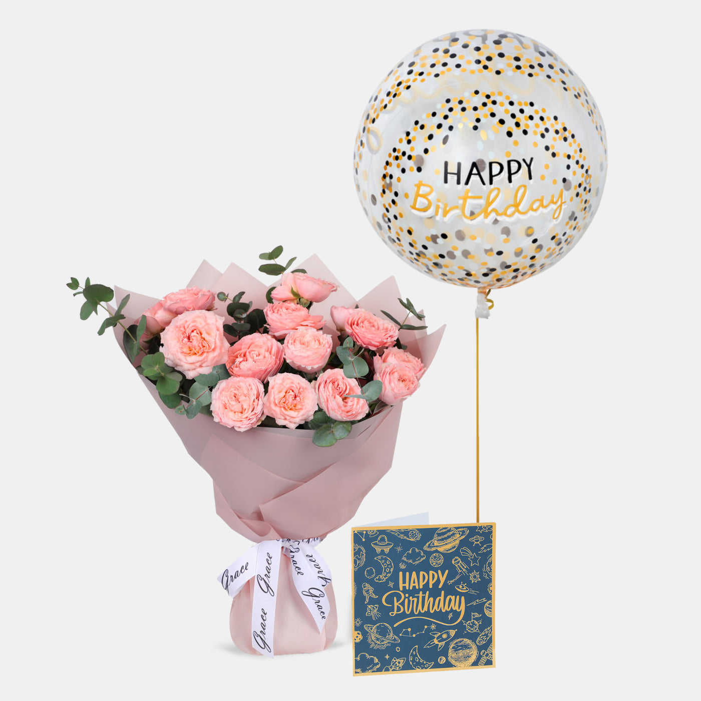 Flowers with Greetings Card and Birthday Balloons