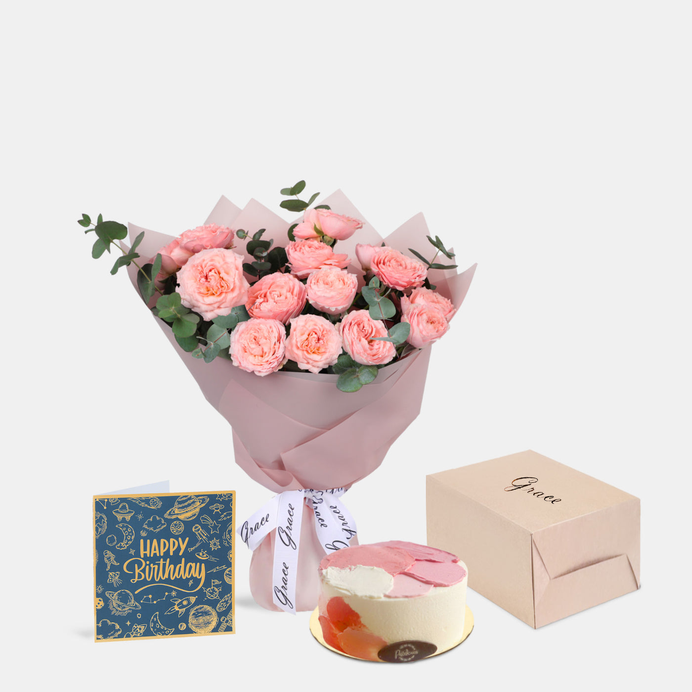 Flowers with Greetings Card and Birthday Cake