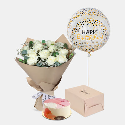 Flowers with Birthday Cake and Balloons