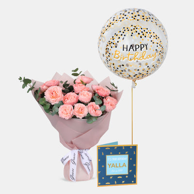 Flowers with Greetings Card and Birthday Balloons