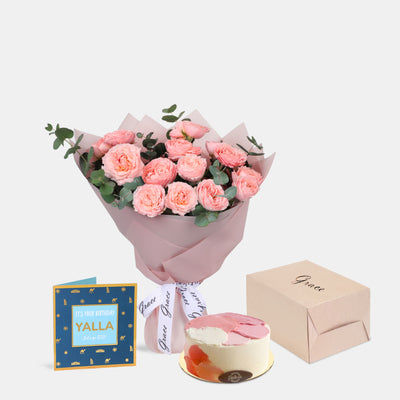 Flowers with Greetings Card and Birthday Cake