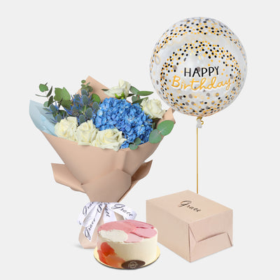 Flowers with Birthday Cake and Balloons