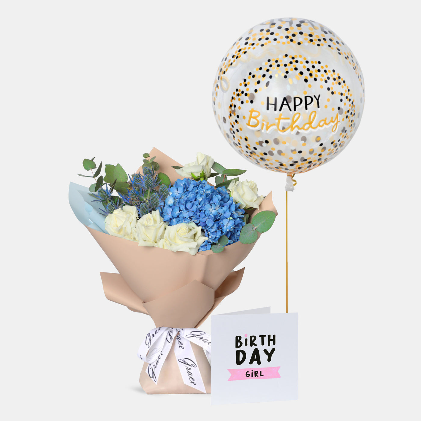 Flowers with Greetings Card and Birthday Balloons