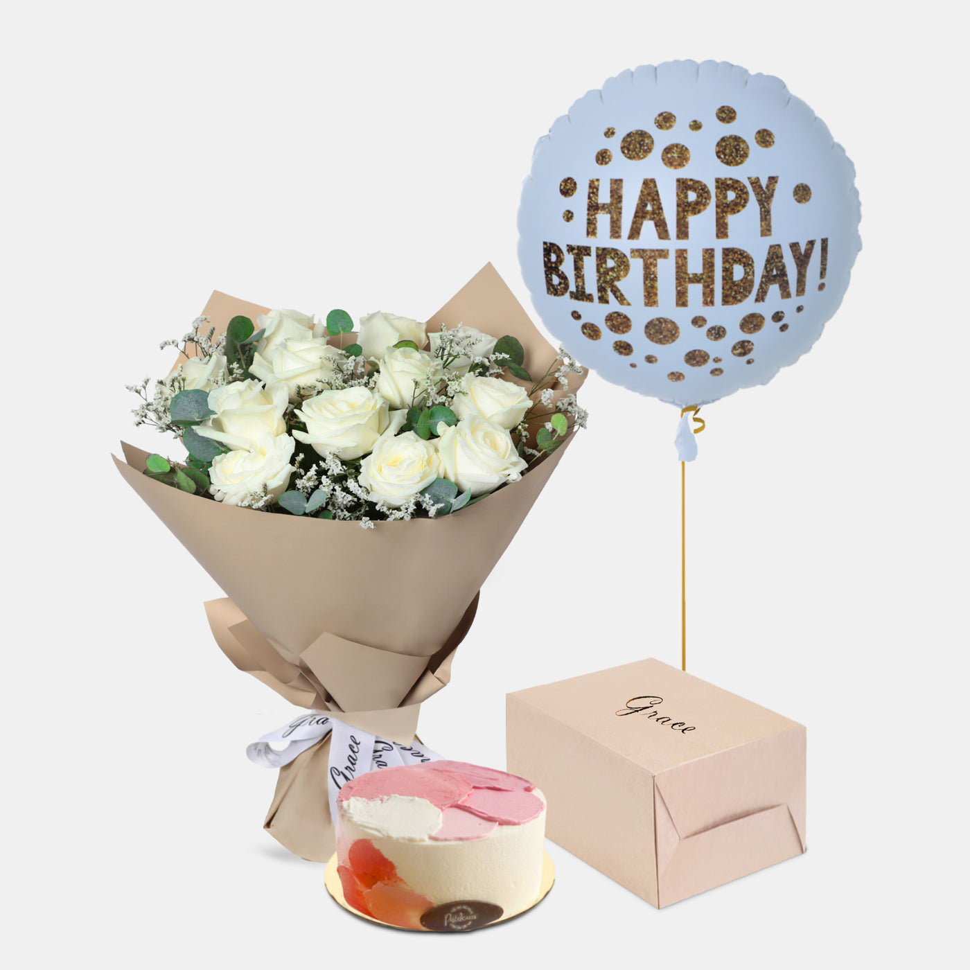 Flowers with Birthday Cake and Balloons