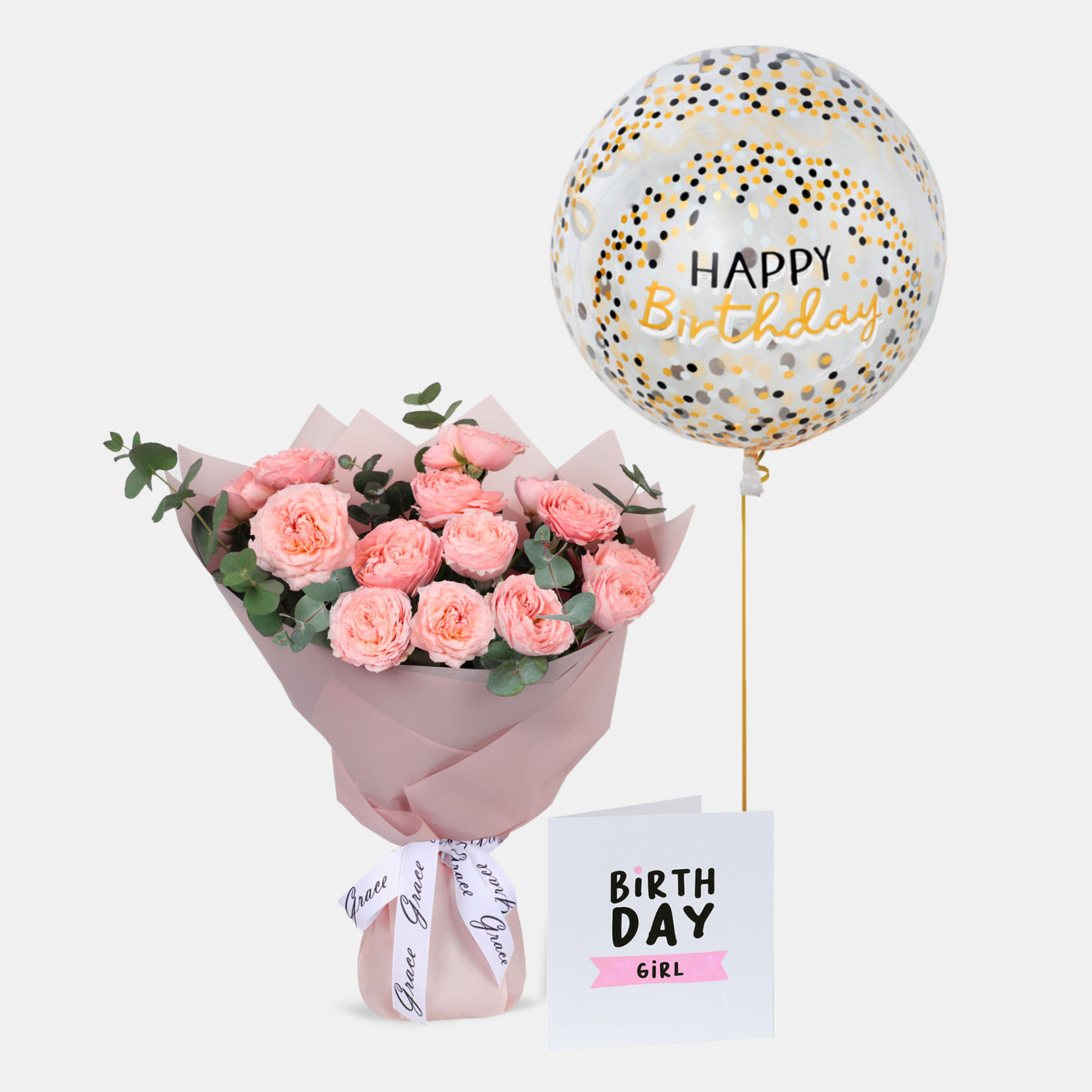 Flowers with Greetings Card and Birthday Balloons