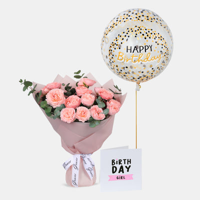 Flowers with Greetings Card and Birthday Balloons