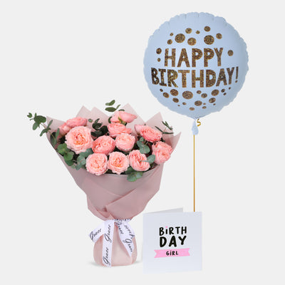 Flowers with Greetings Card and Birthday Balloons