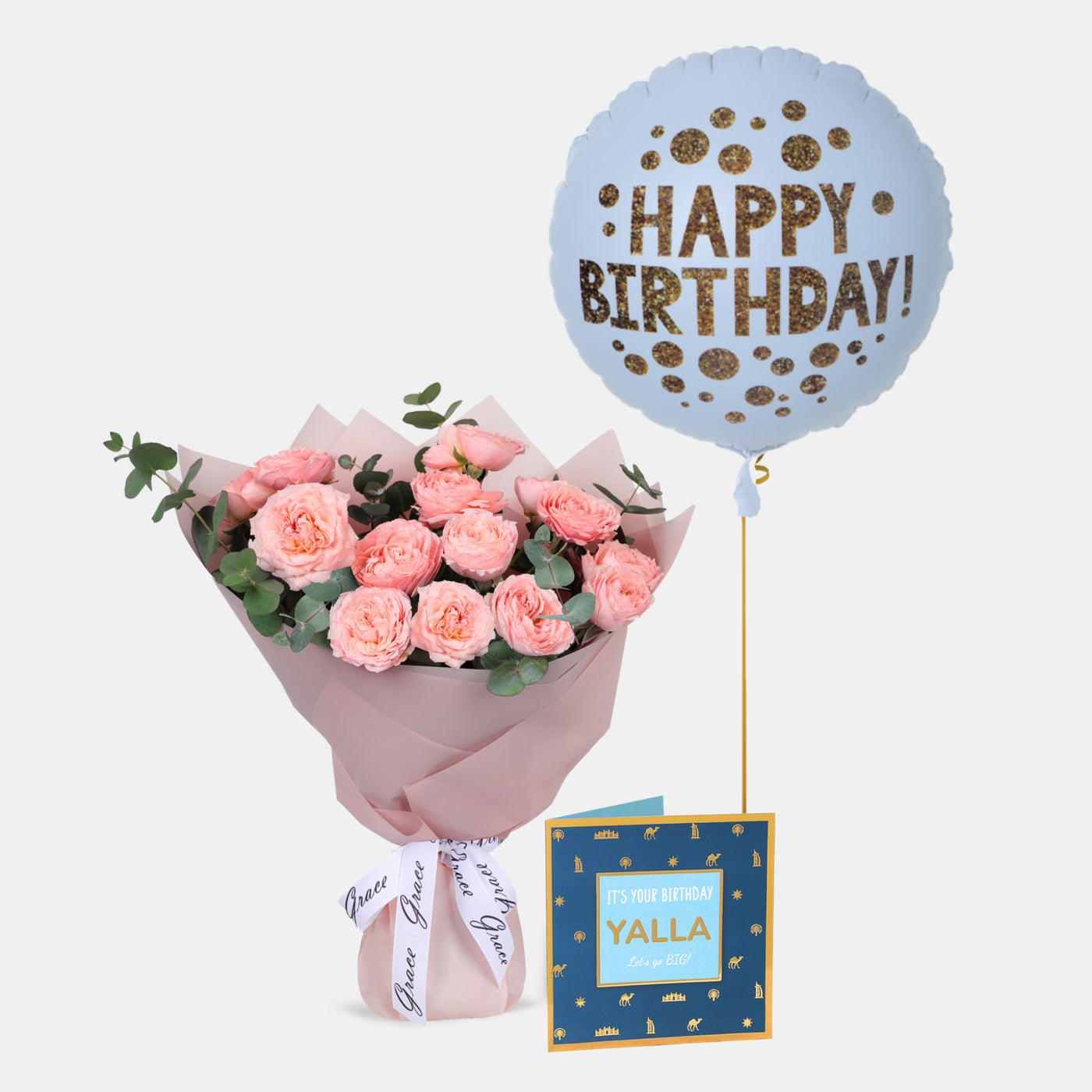 Flowers with Greetings Card and Birthday Balloons