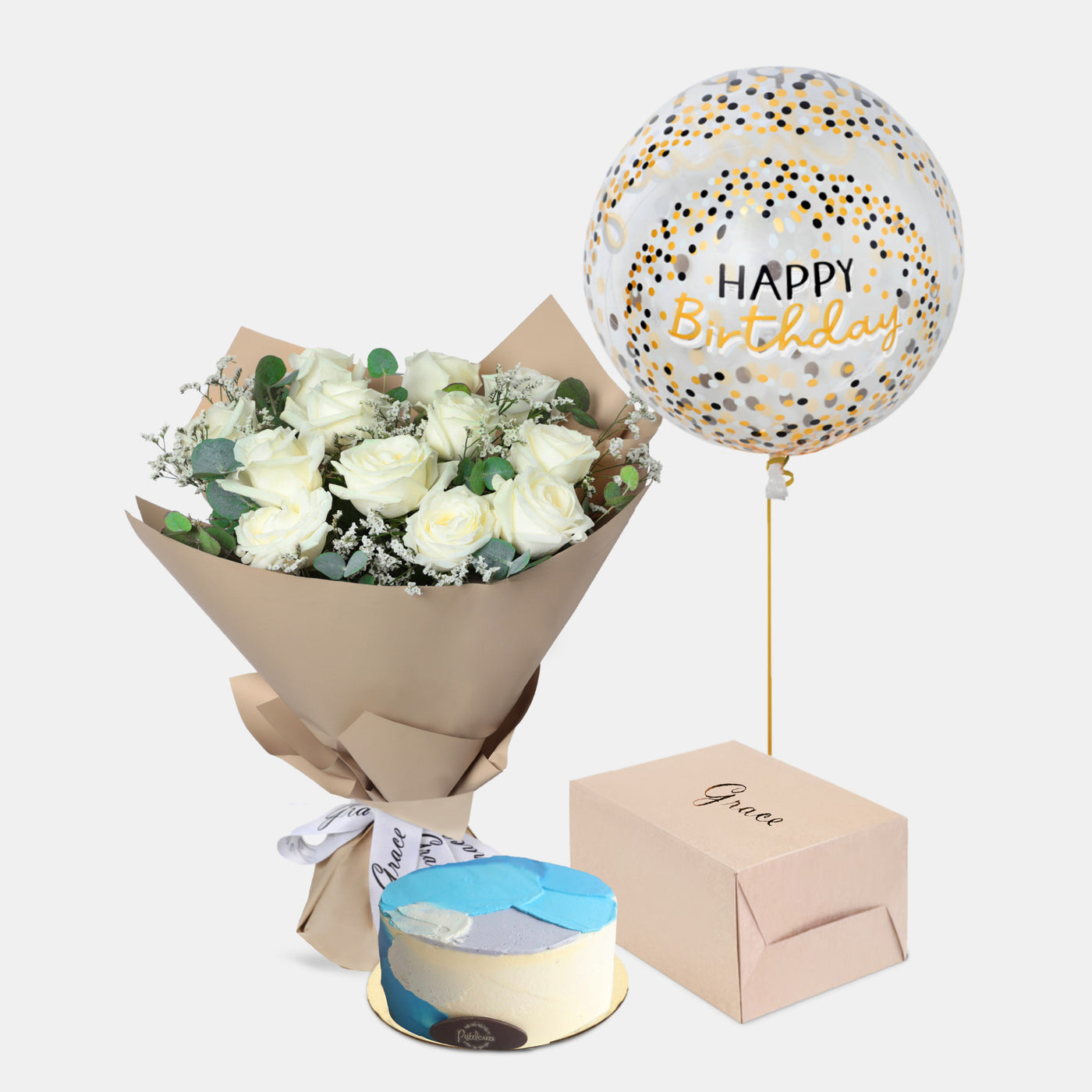 Flowers with Birthday Cake and Balloons