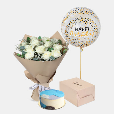 Flowers with Birthday Cake and Balloons