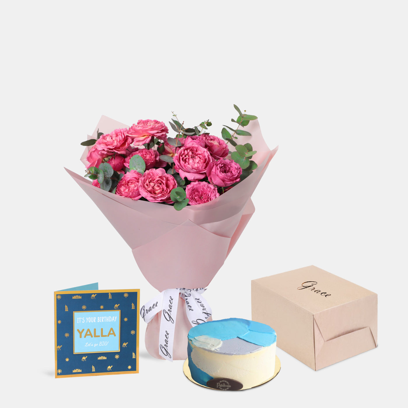 Flowers with Greetings Card and Birthday Cake