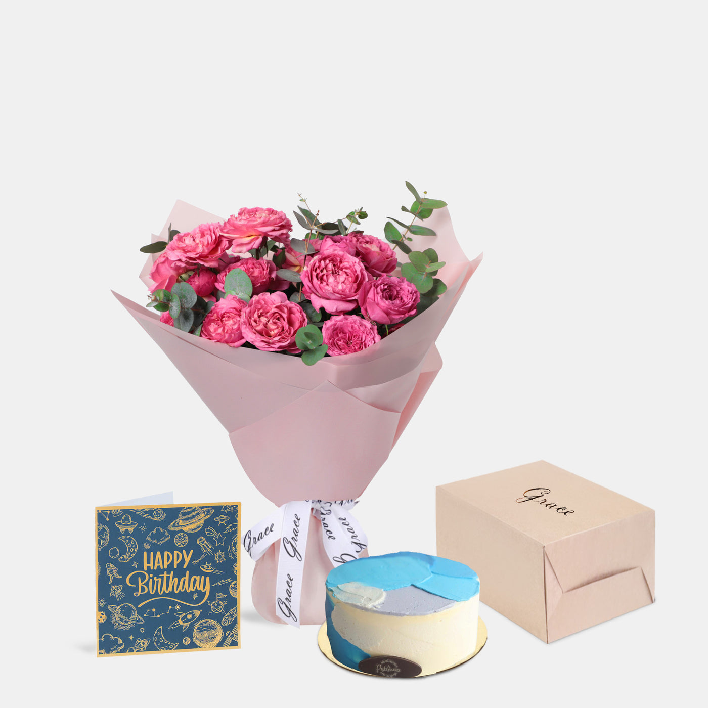 Flowers with Greetings Card and Birthday Cake