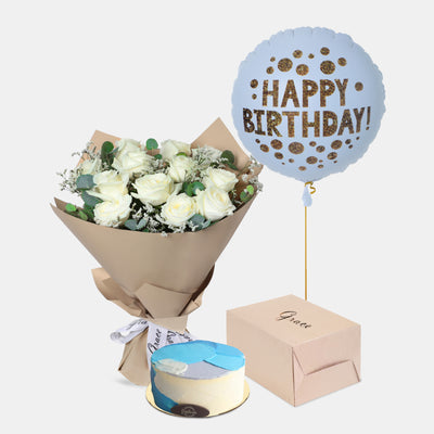 Flowers with Birthday Cake and Balloons