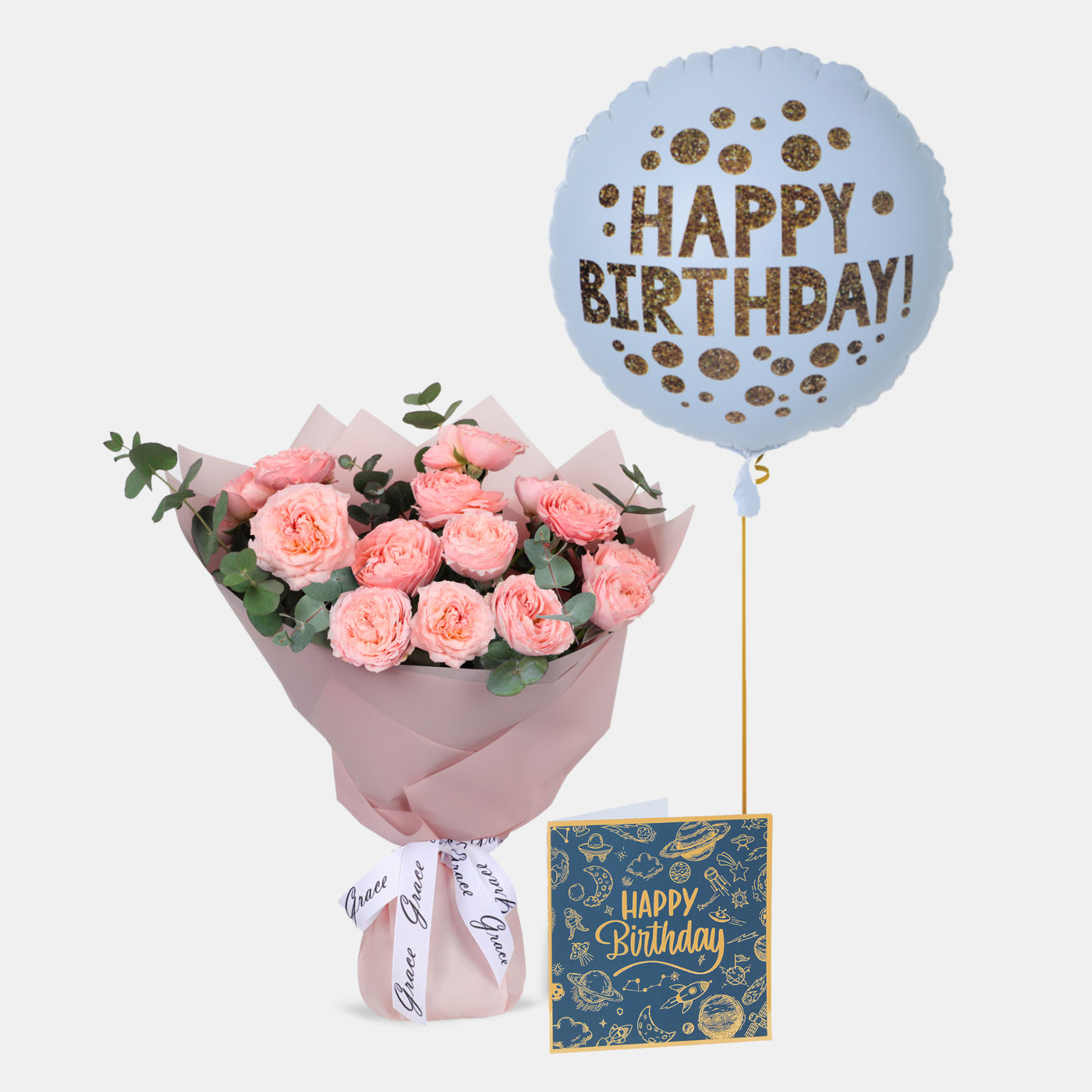 Flowers with Greetings Card and Birthday Balloons