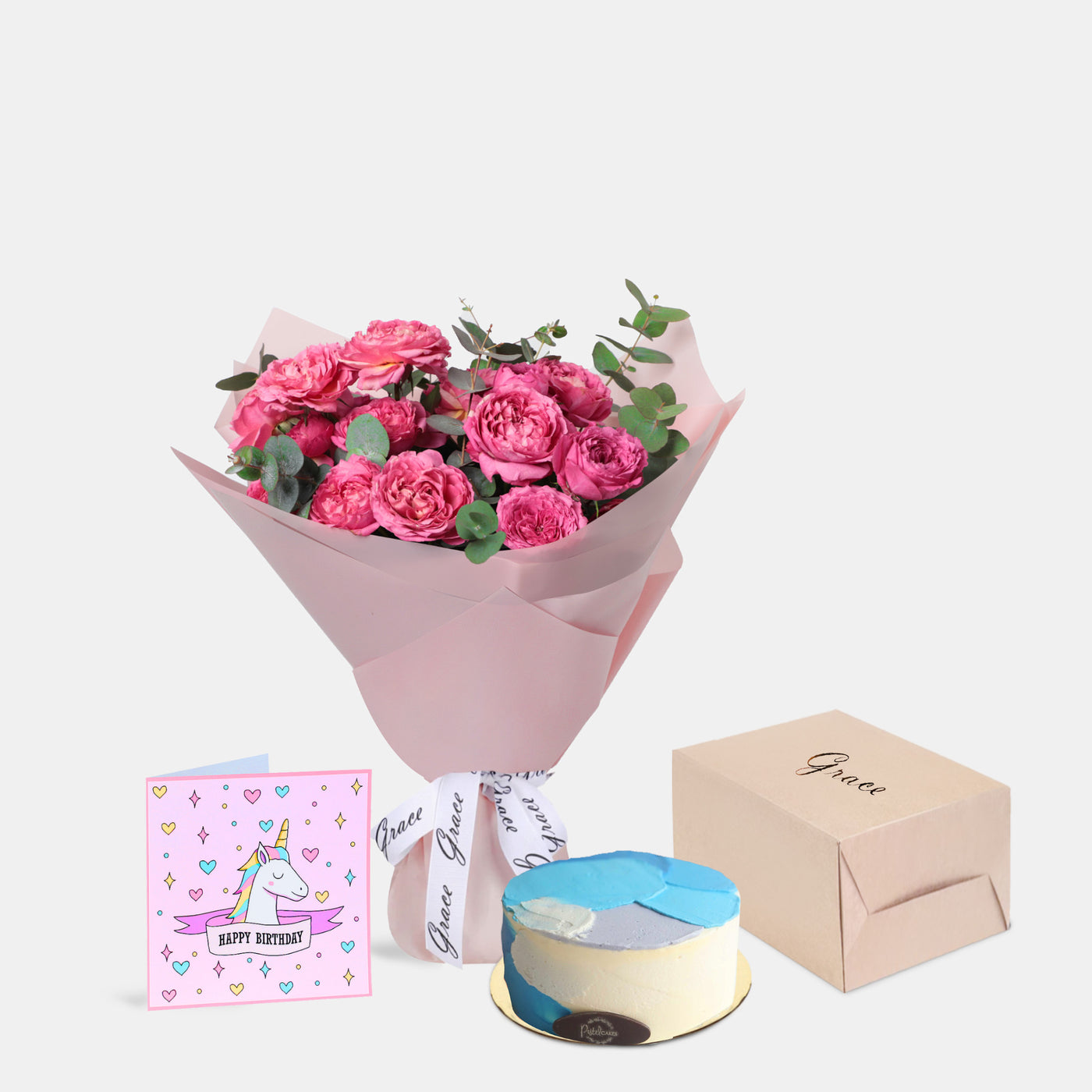 Flowers with Greetings Card and Birthday Cake