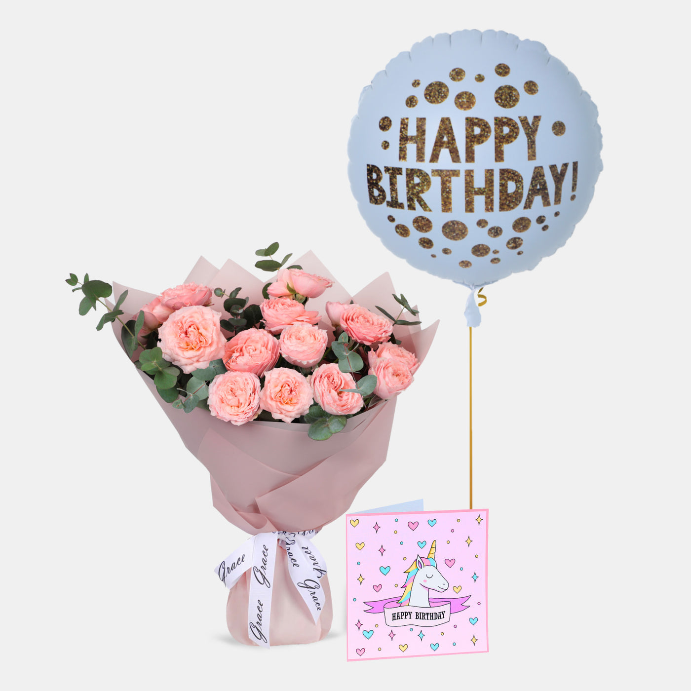 Flowers with Greetings Card and Birthday Balloons