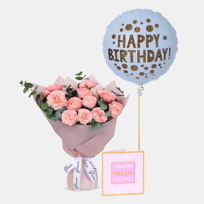 Flowers with Greetings Card and Birthday Balloons