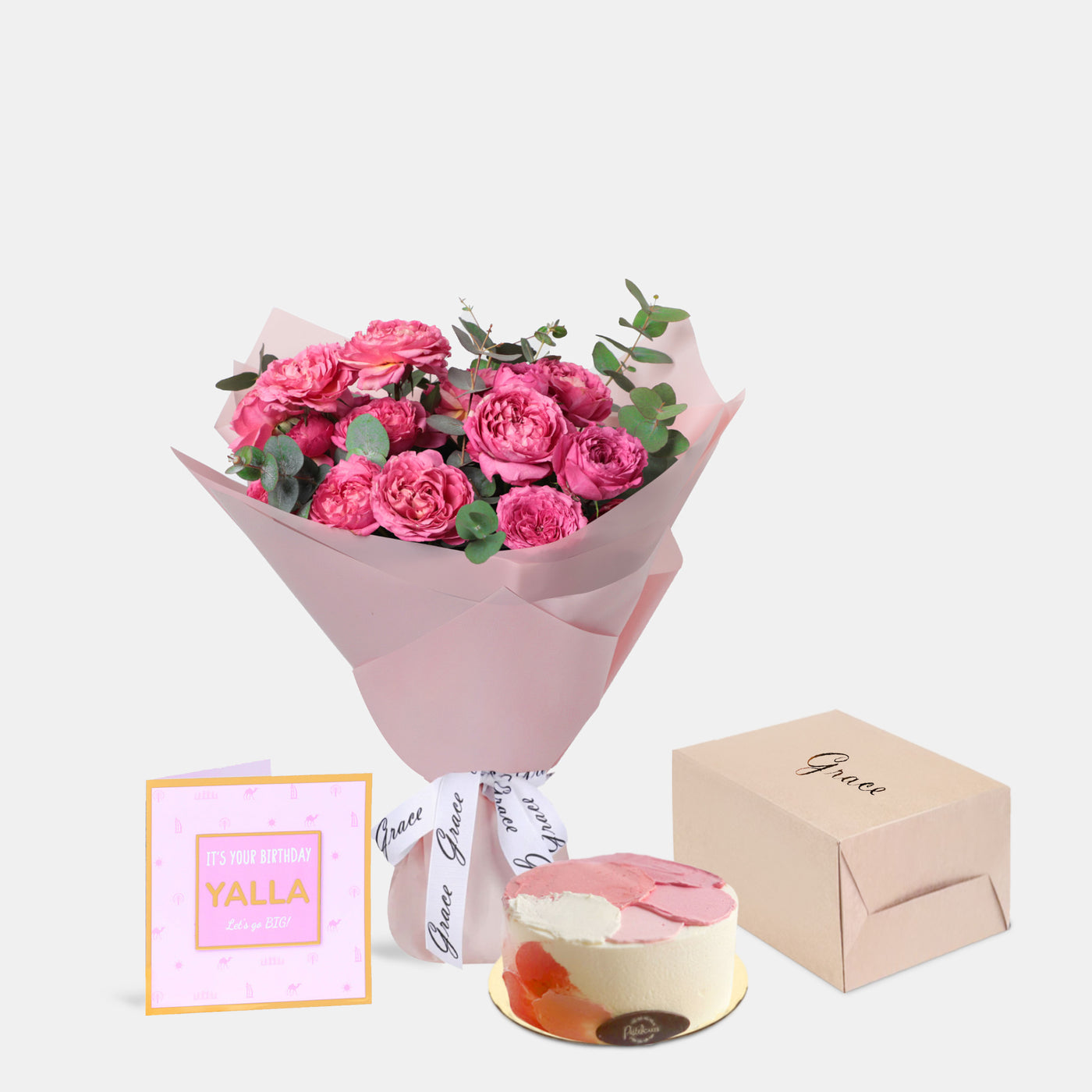 Flowers with Greetings Card and Birthday Cake