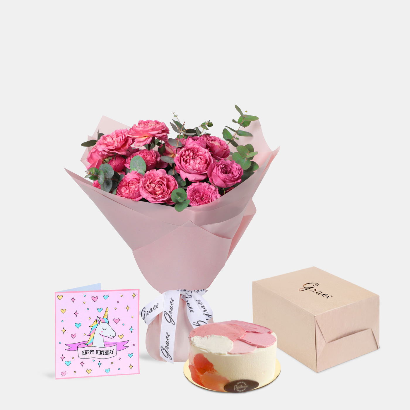 Flowers with Greetings Card and Birthday Cake