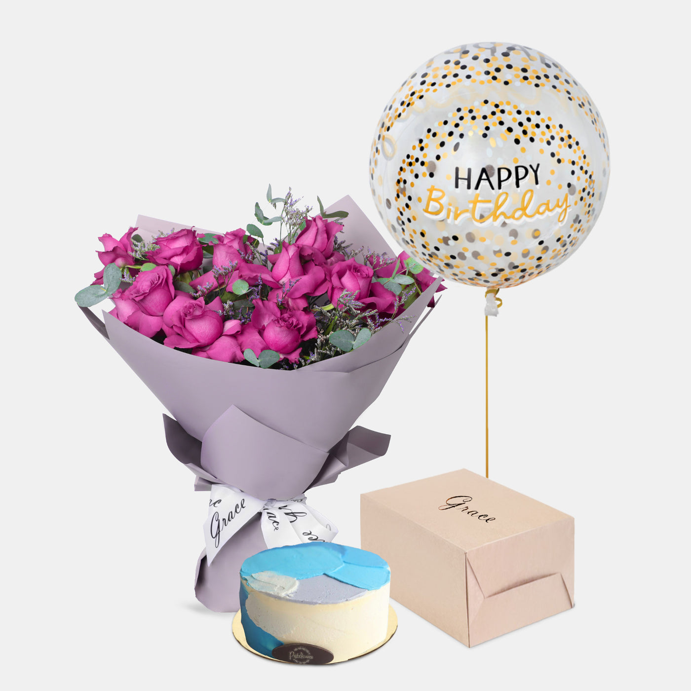 Flowers with Birthday Cake and Balloons