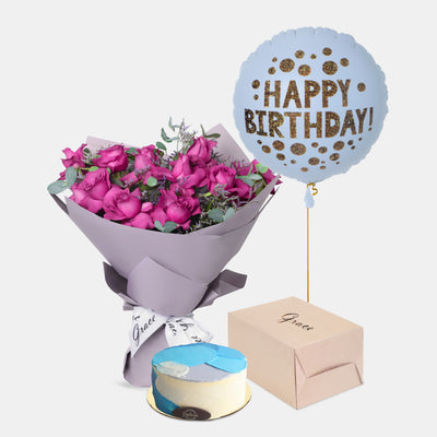 Flowers with Birthday Cake and Balloons