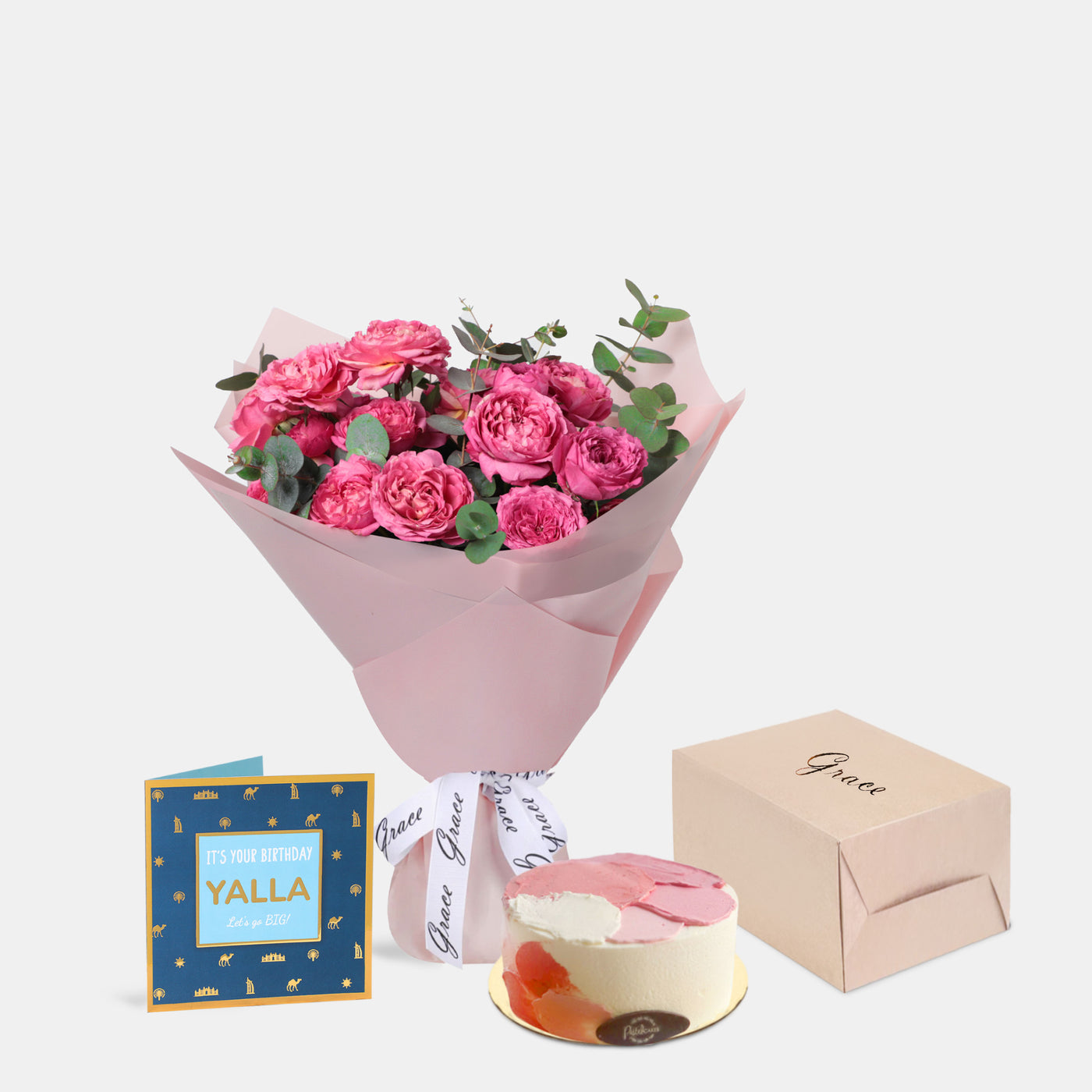 Flowers with Greetings Card and Birthday Cake