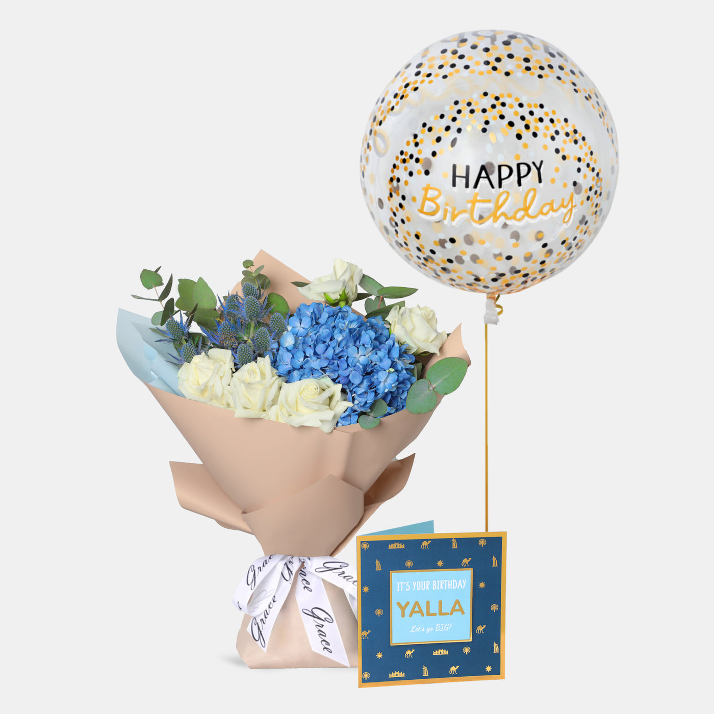 Flowers with Greetings Card and Birthday Balloons