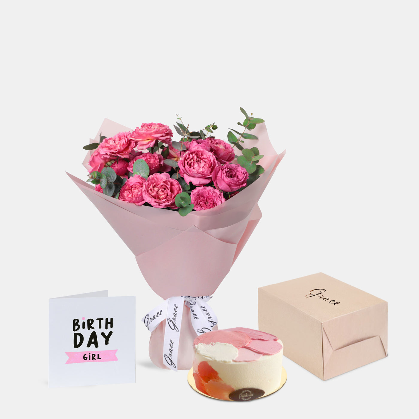 Flowers with Greetings Card and Birthday Cake