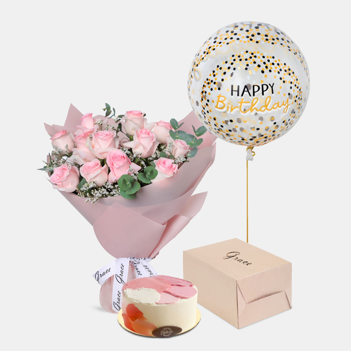 Flowers with Birthday Cake and Balloons