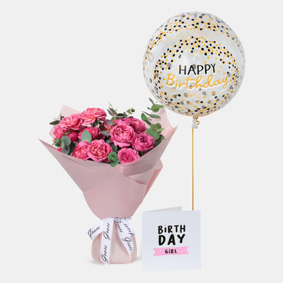 Flowers with Greetings Card and Birthday Balloons