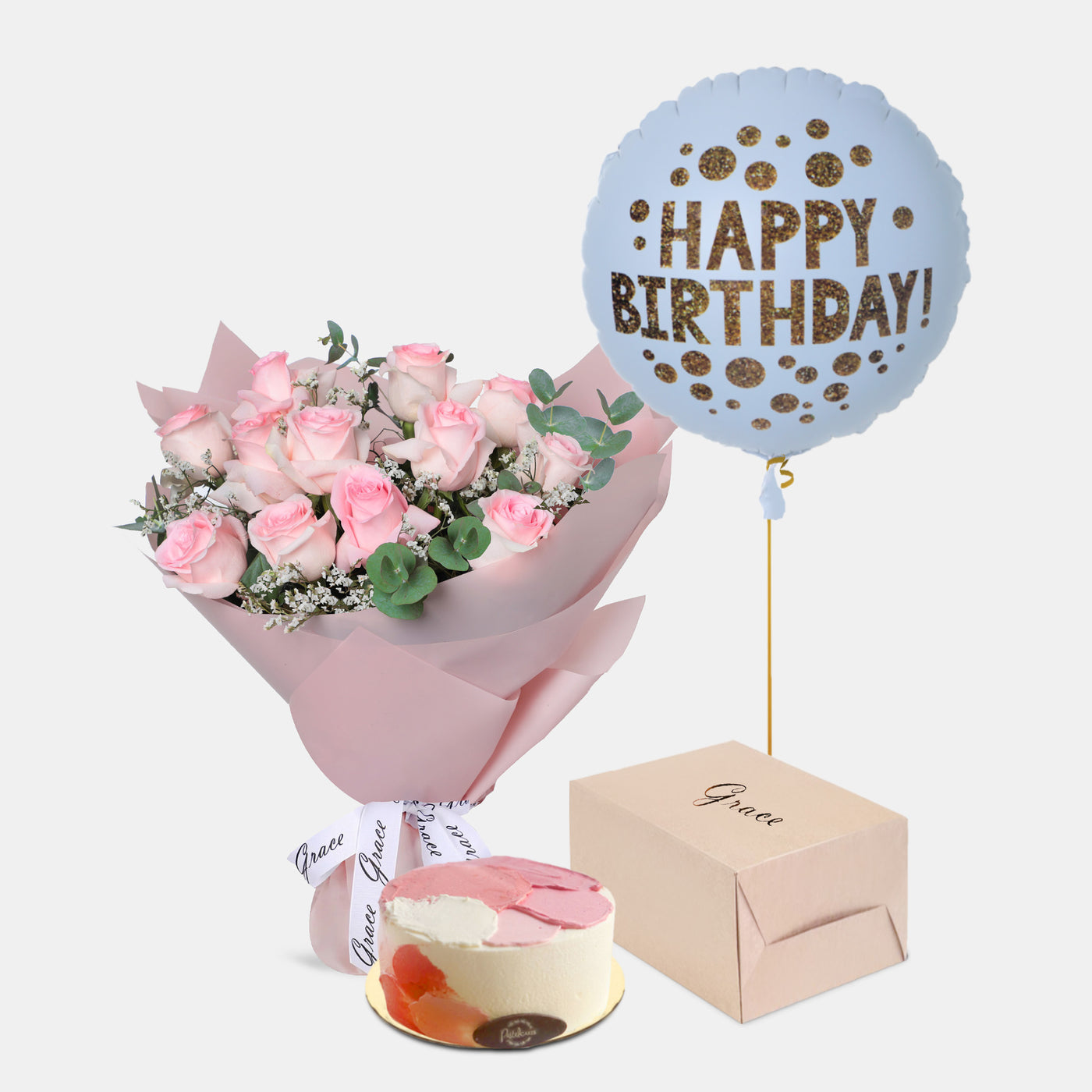 Flowers with Birthday Cake and Balloons