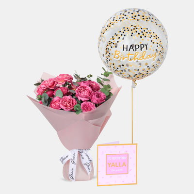 Flowers with Greetings Card and Birthday Balloons