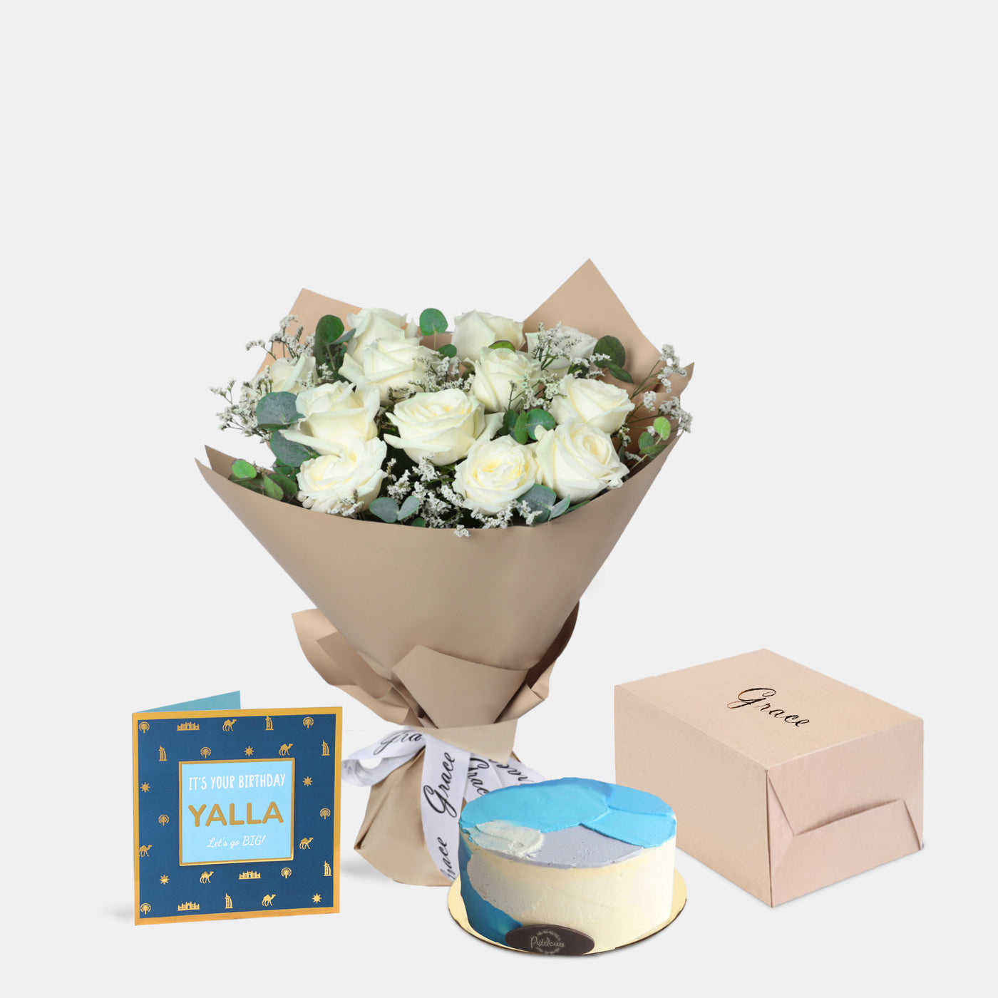 Flowers with Greetings Card and Birthday Cake